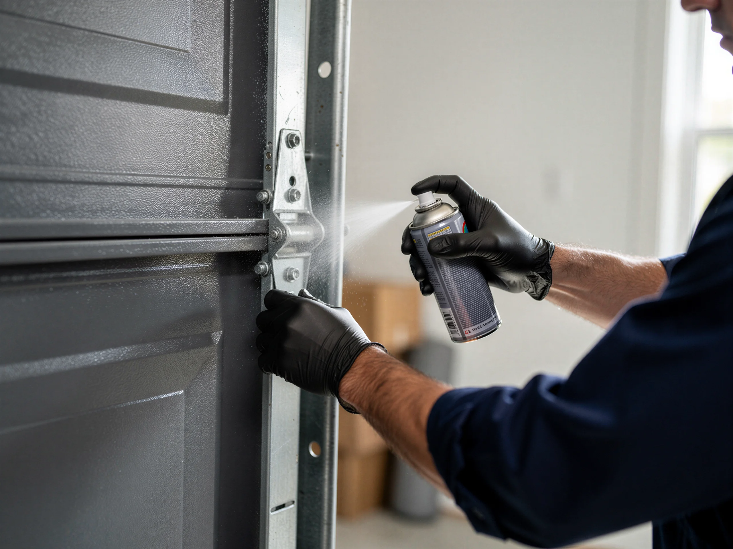 A technician in black gloves sprays lubricant on a garage door hinge.