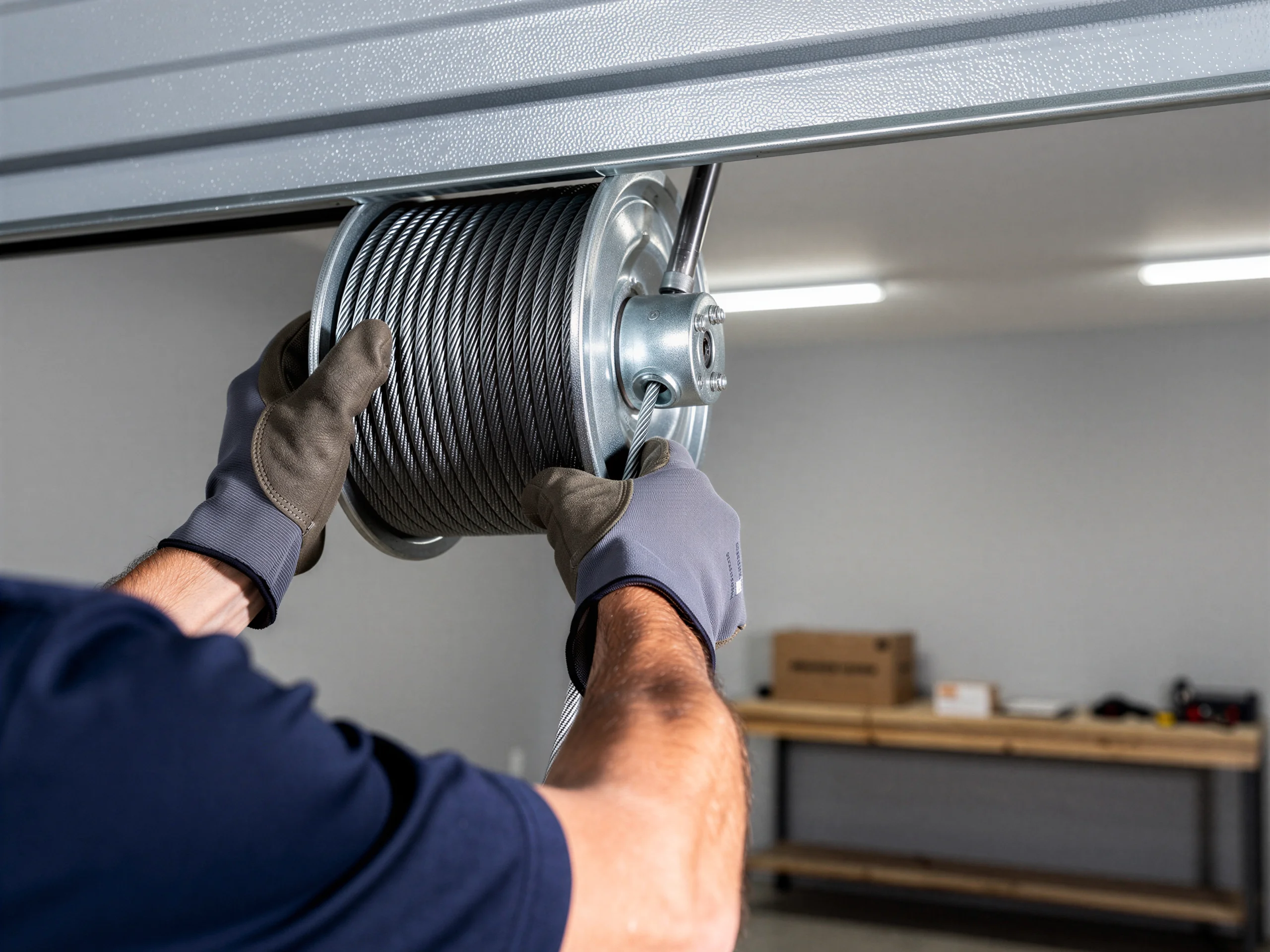 A technician in gloves holds a garage door cable drum with a wound cable.